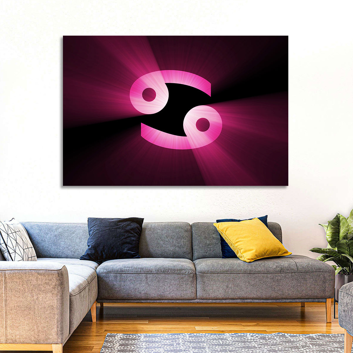 Glowing Pink Cancer Symbol Wall Art in a room, landscape