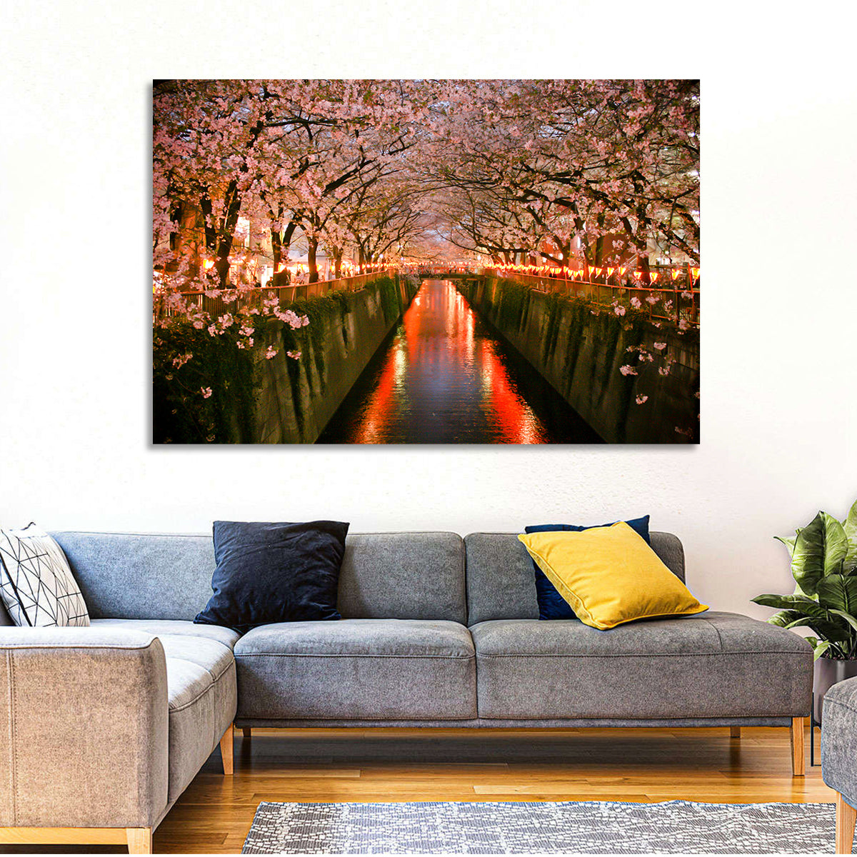 Meguro River Cherry Blossoms Wall Art in a room, landscape