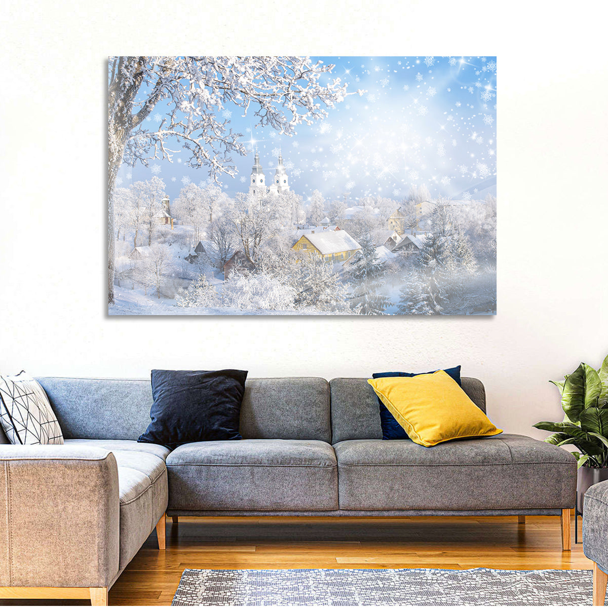 Frosted Village Wall Art in a room, landscape