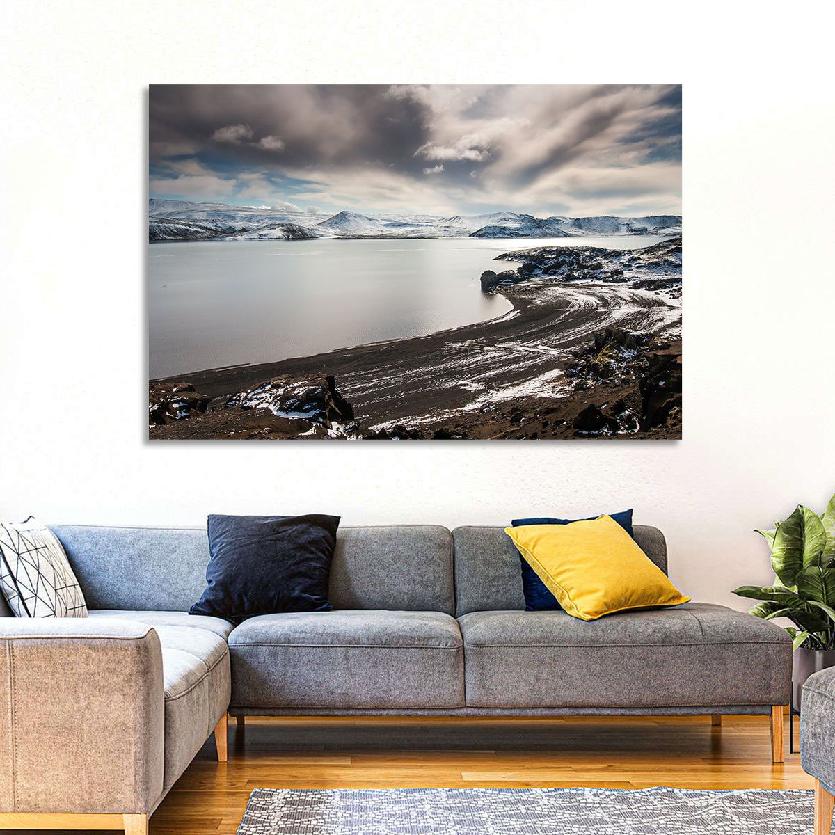 Kleifarvatn Black Sand Shore Wall Art in a room, landscape