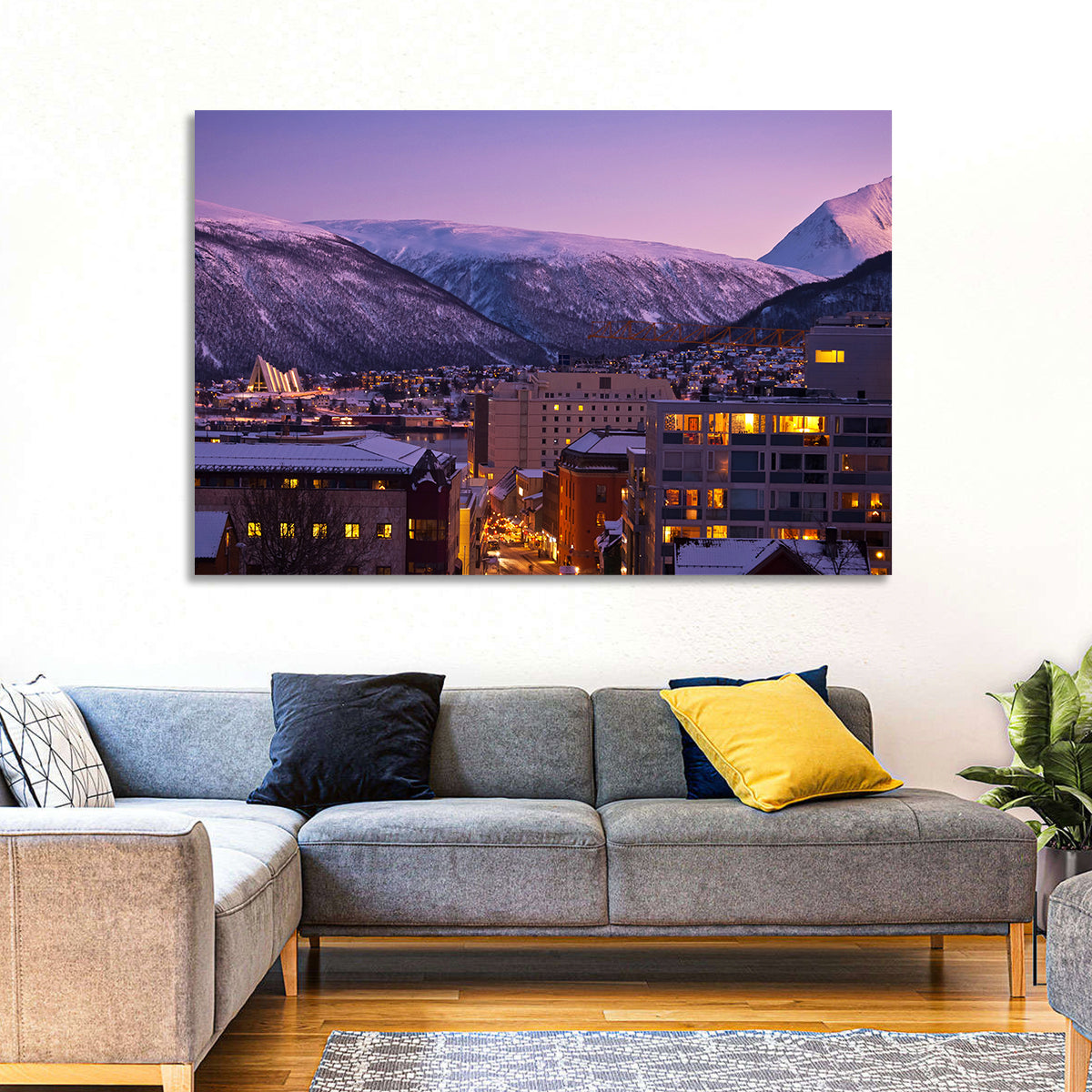 Tromsø Twilight Cityscape Wall Art in a room, landscape