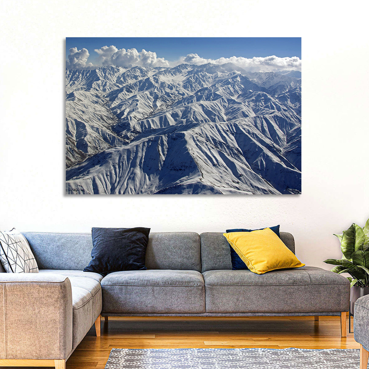 Snow-capped Afghan Mountains Wall Art in a room, landscape