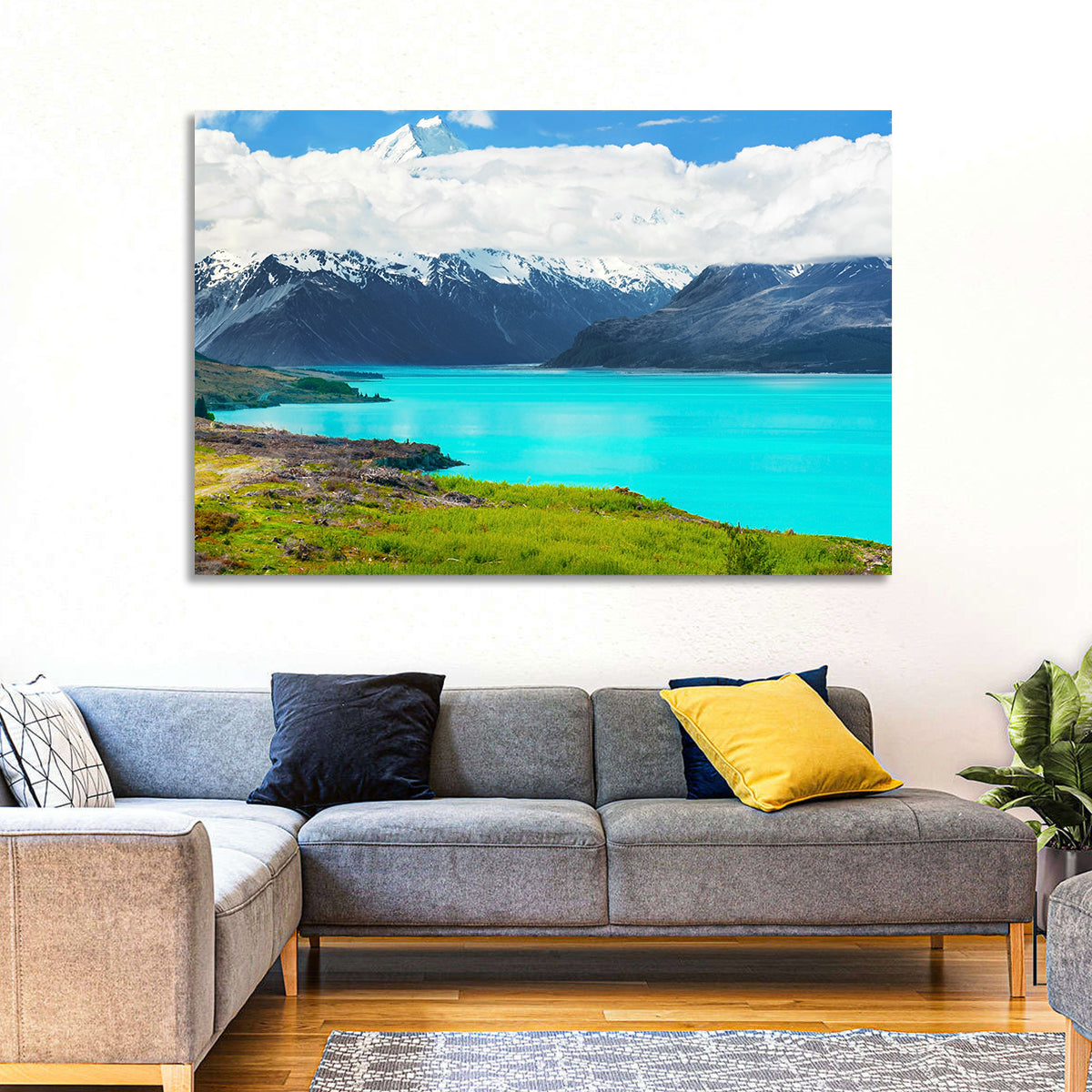 Turquoise Lake Pukaki with Mount Cook Wall Art in a room, landscape