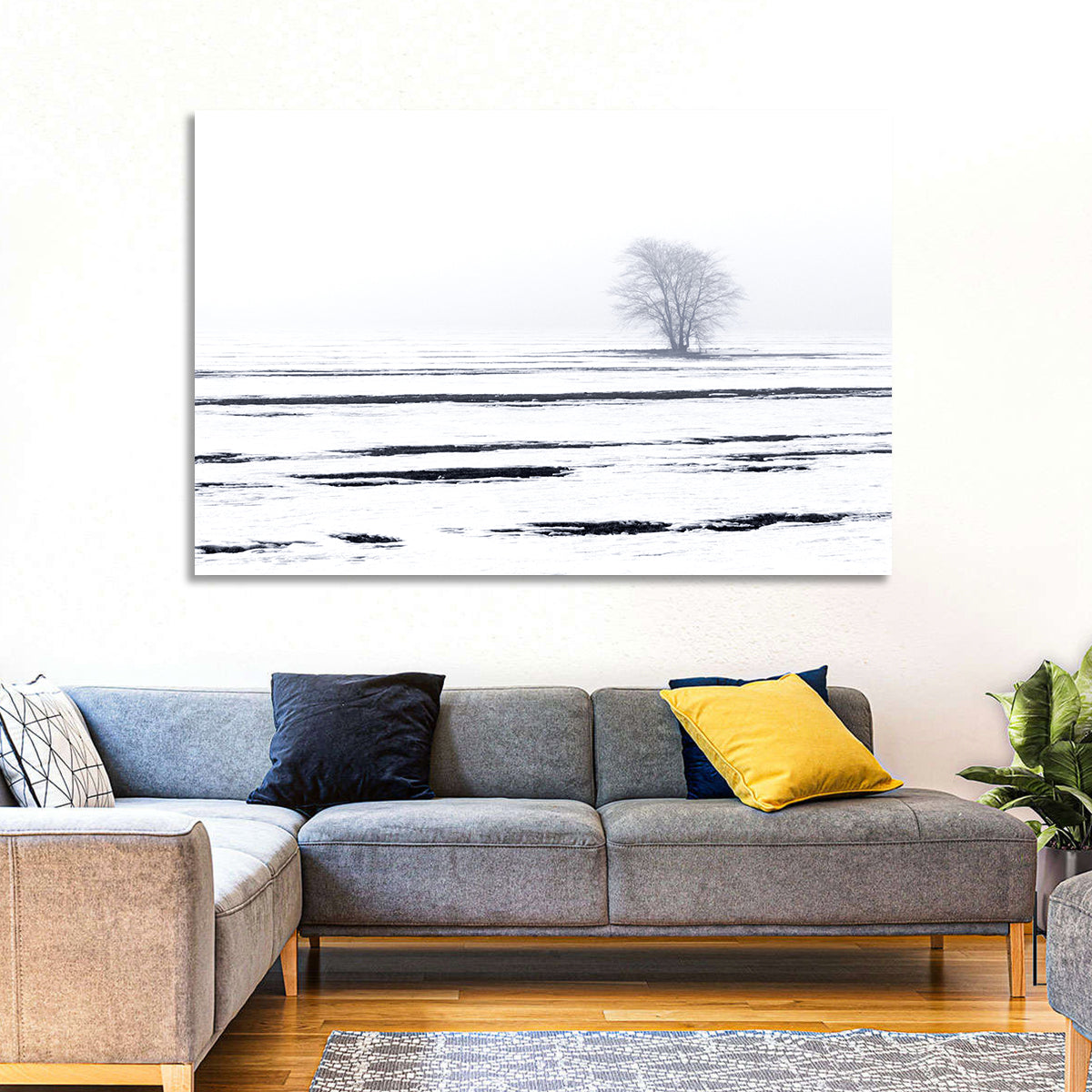 Foggy Winter Field with Lone Tree Wall Art in a room, landscape