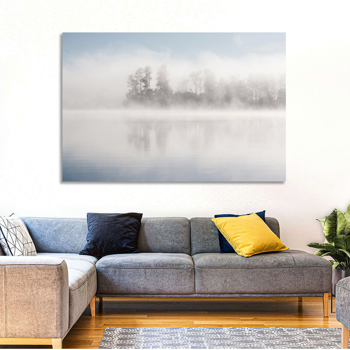 Misty Forest Lake Wall Art in a room, landscape
