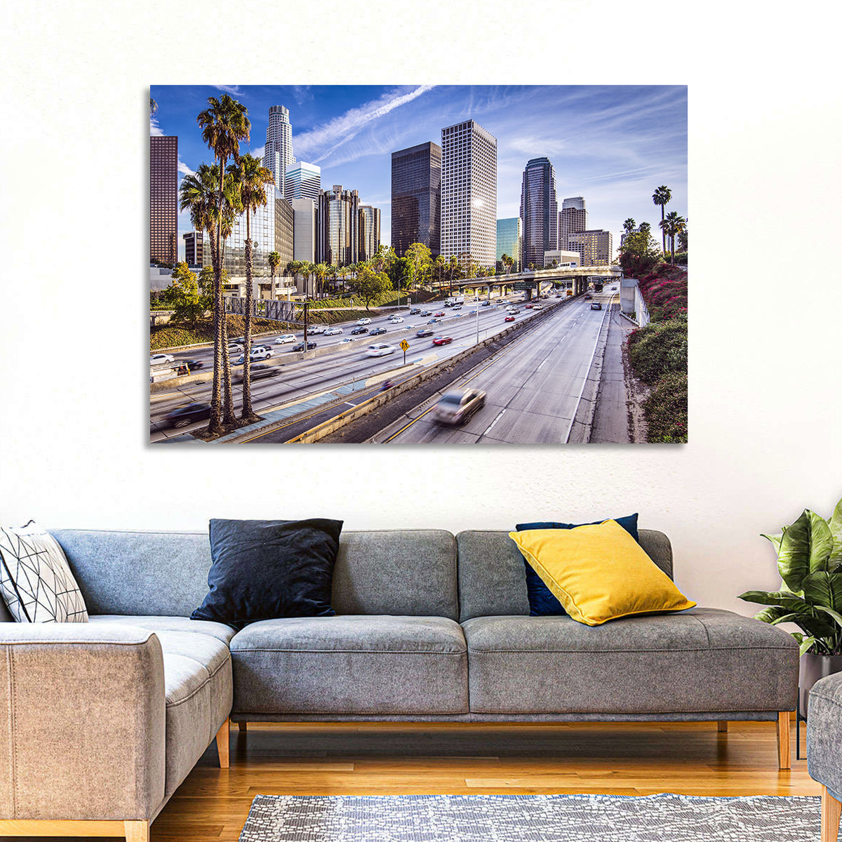 Los Angeles Freeway to Downtown Skyline Wall Art in a room, landscape