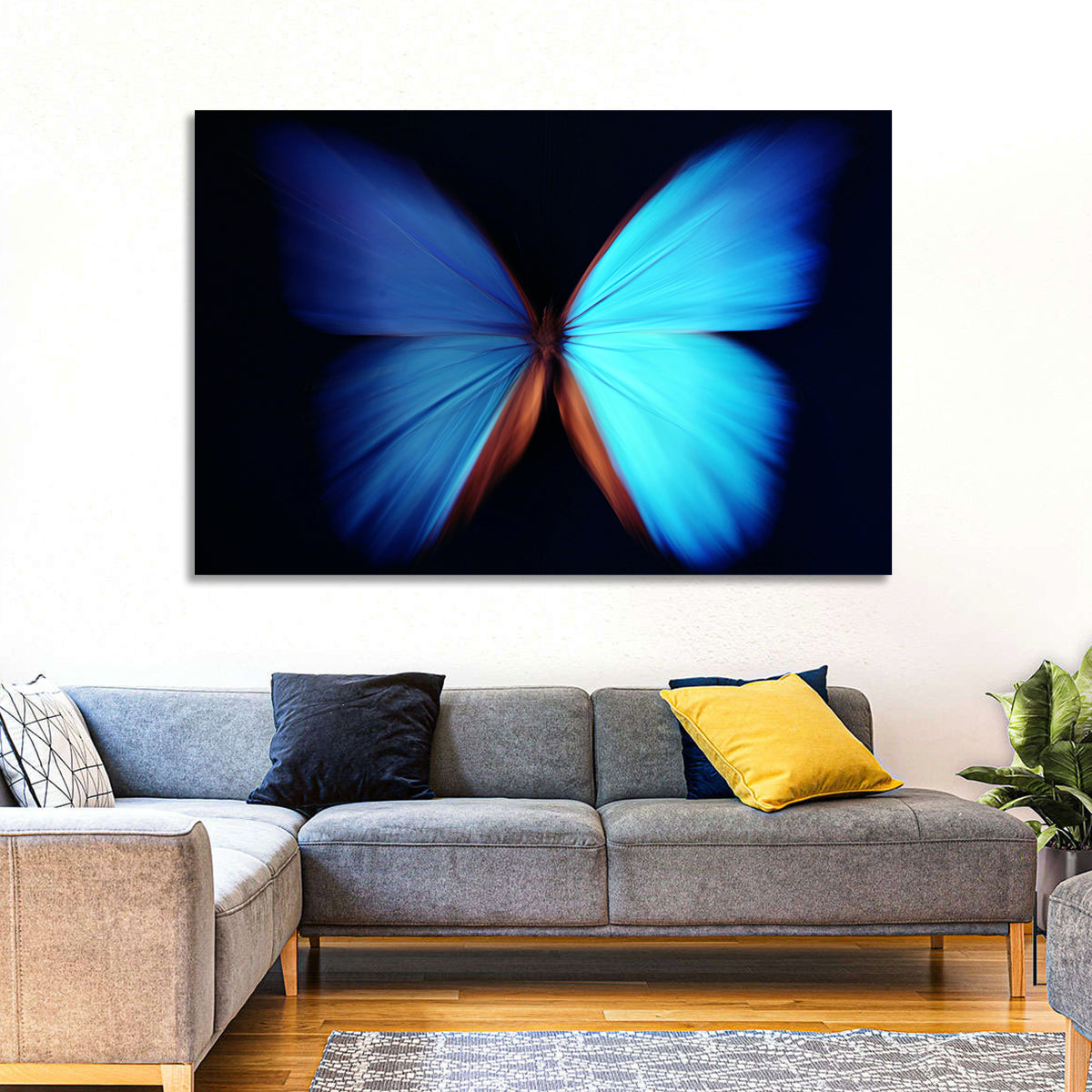 Blue Butterfly Macro Study Wall Art in a room, landscape