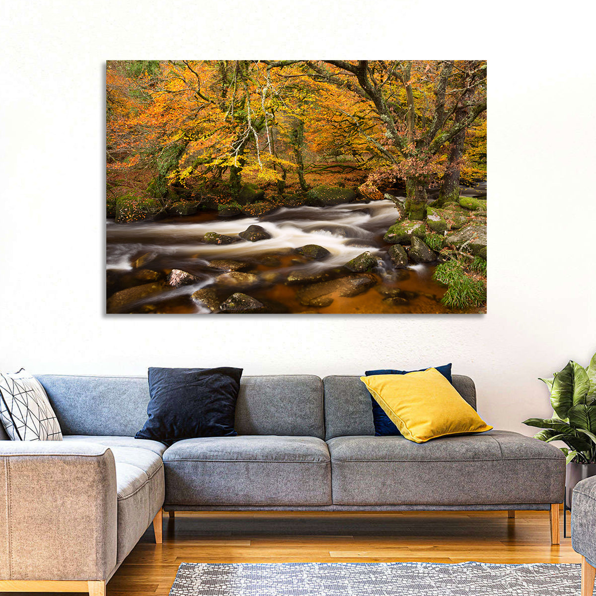 Dartmoor Autumn River in Golden Forest Wall Art in a room, landscape