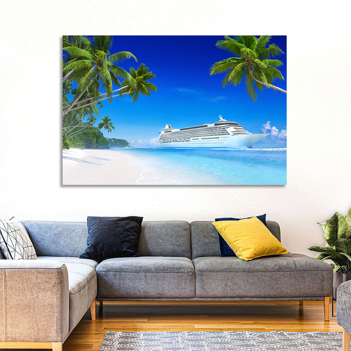 Tropical Beach Cruise Ship Shoreline Wall Art in a room, landscape