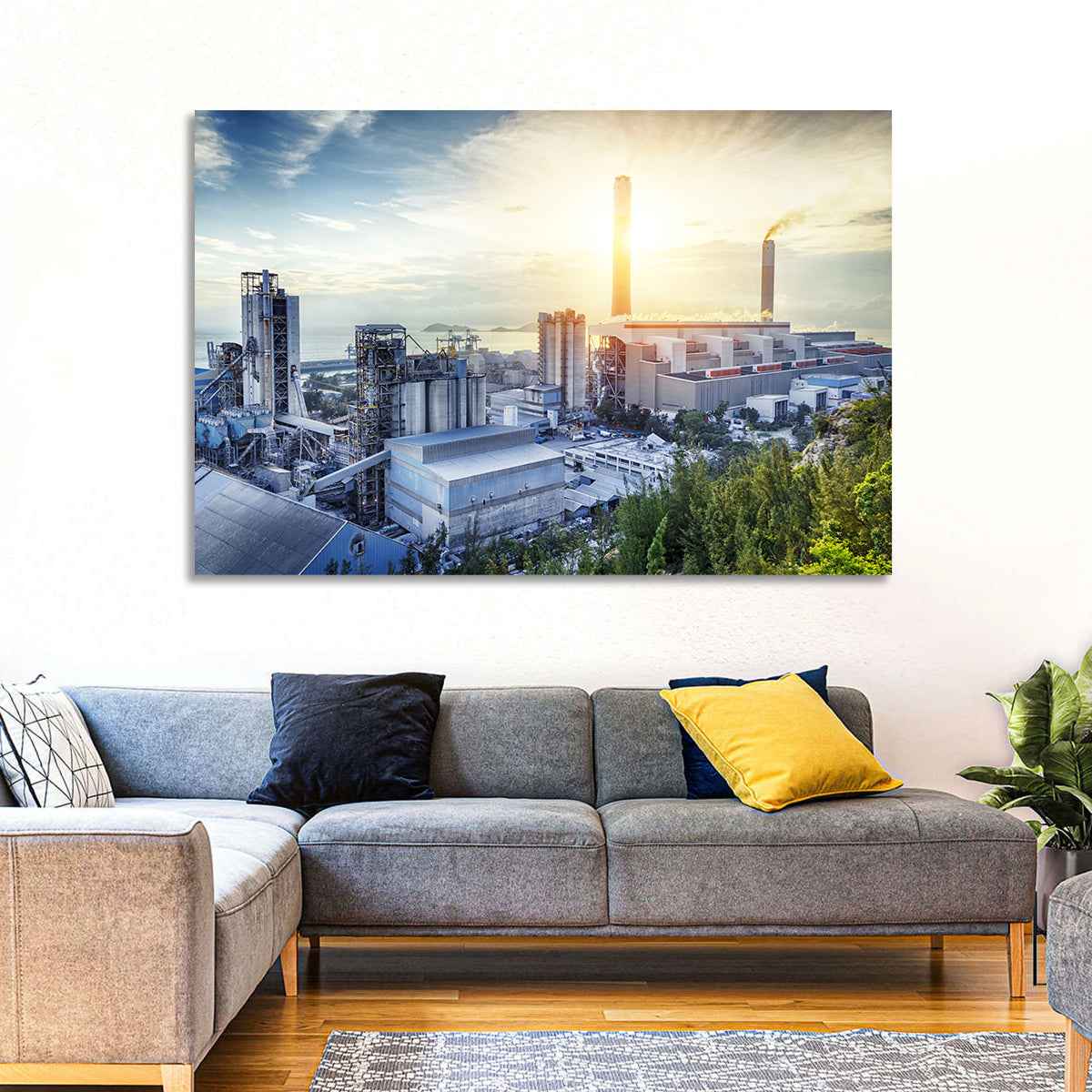 Coastal Power Plant at Sunrise Wall Art in a room, landscape