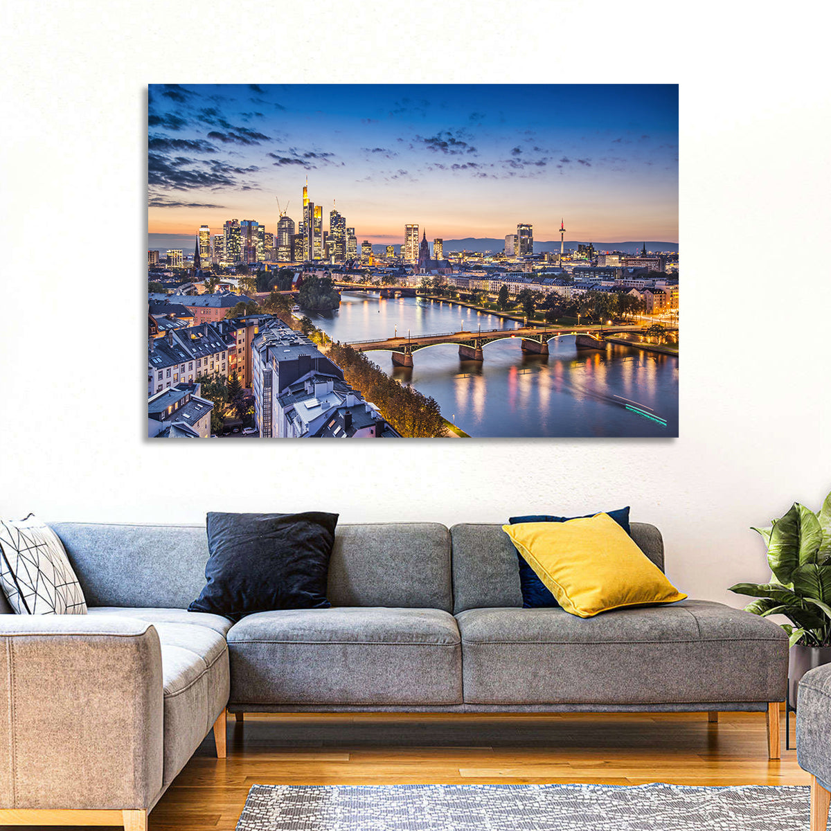 Frankfurt Twilight Skyline Wall Art in a room, landscape
