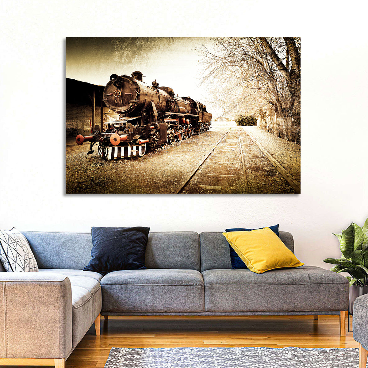 Sepia Steam Locomotive on Rusted Tracks Wall Art