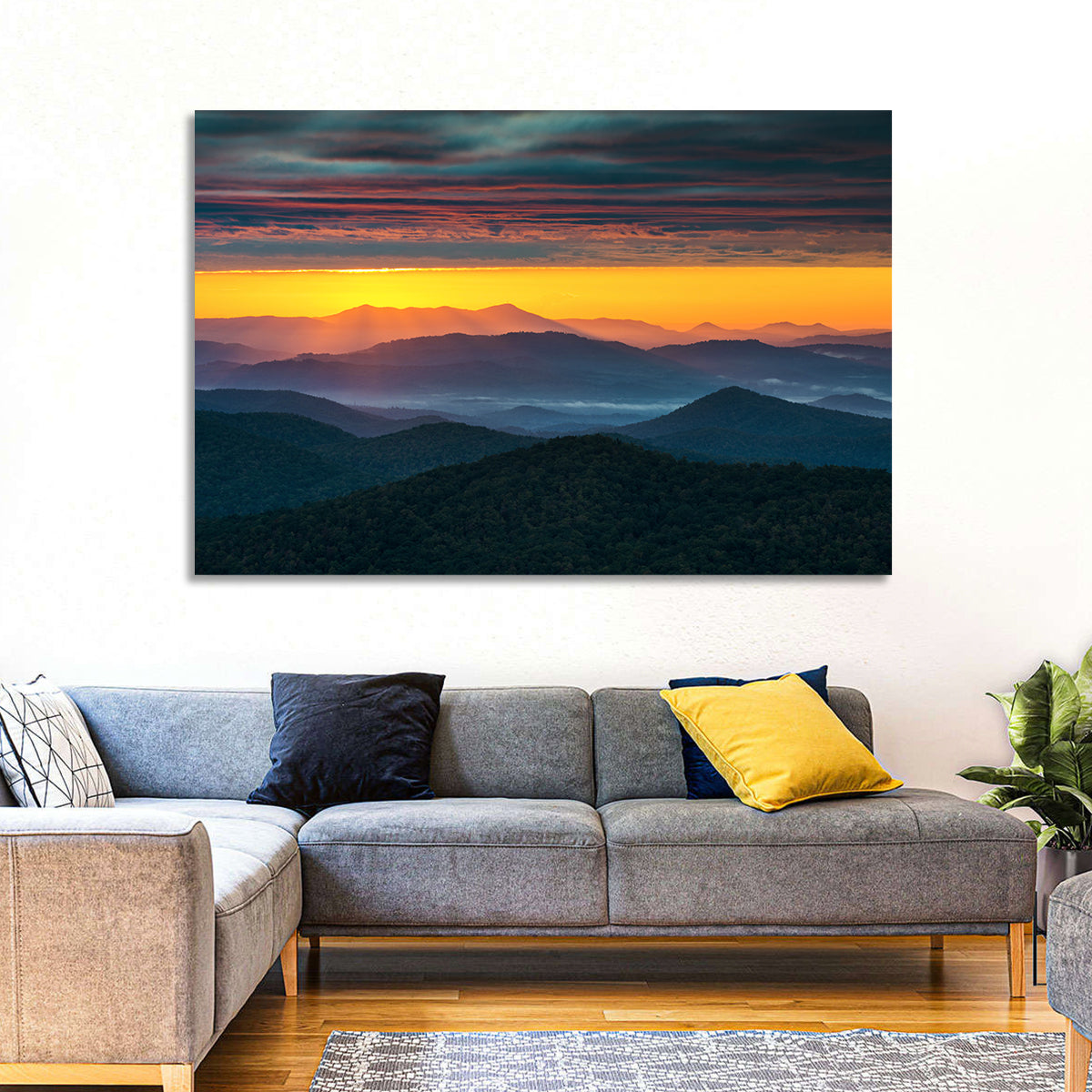 Misty Blue Ridge Sunrise North Carolina Wall Art in a room, landscape