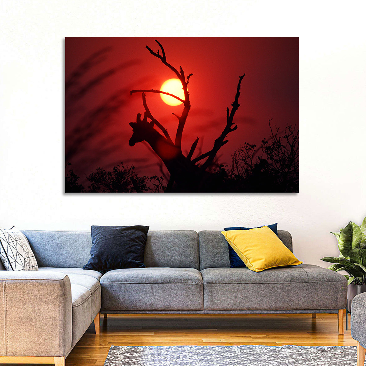 Giraffe Silhouette at Sunset Wall Art in a room, landscape