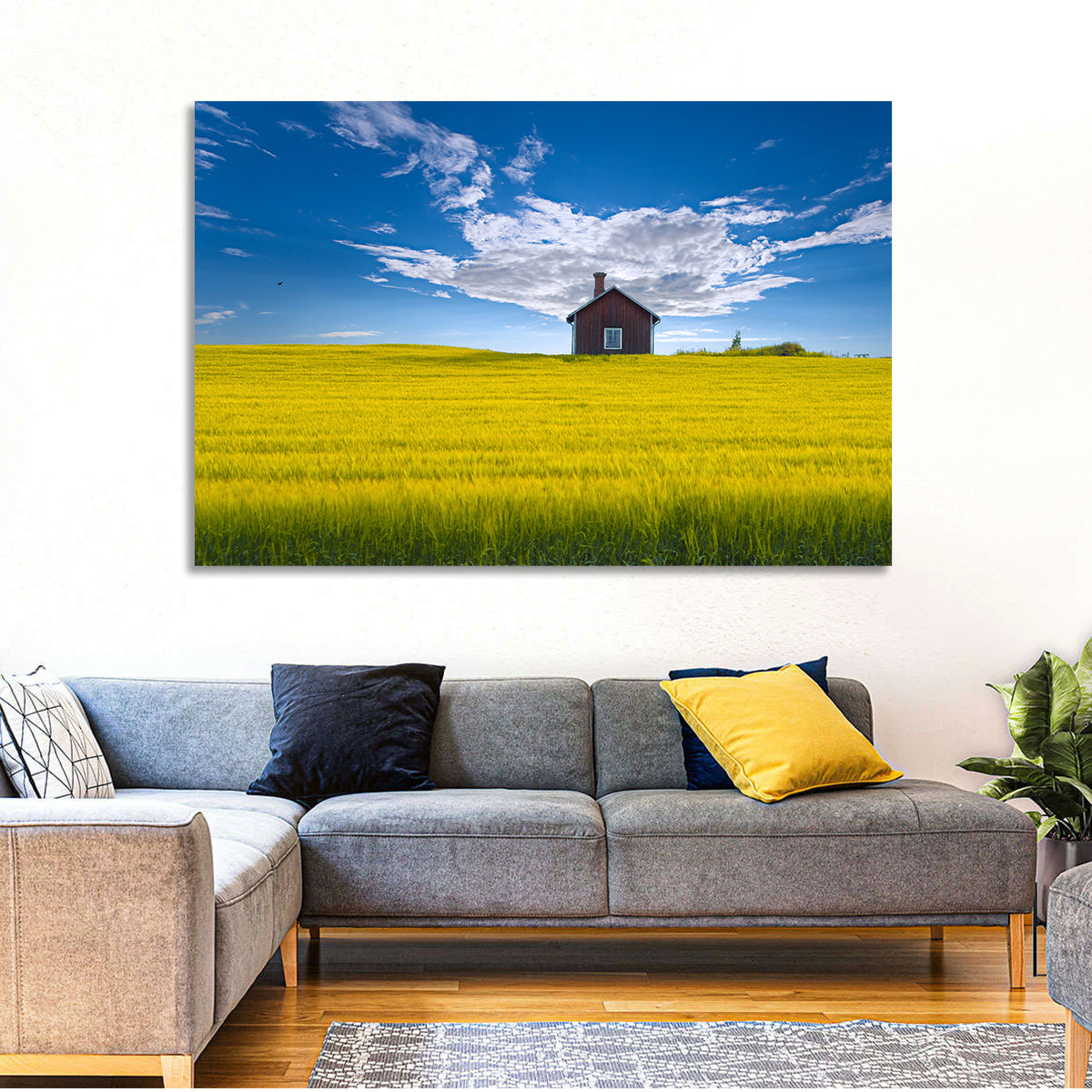 Red Barn in Golden Wheat Field Wall Art in a room, landscape