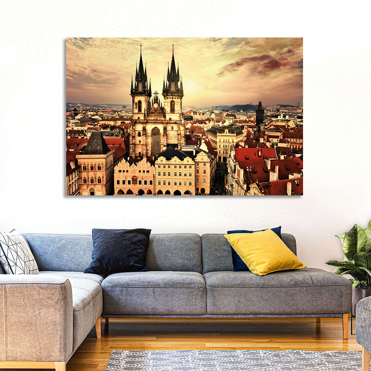 Prague Old Town Skyline at Golden Hour Wall Art in a room, landscape