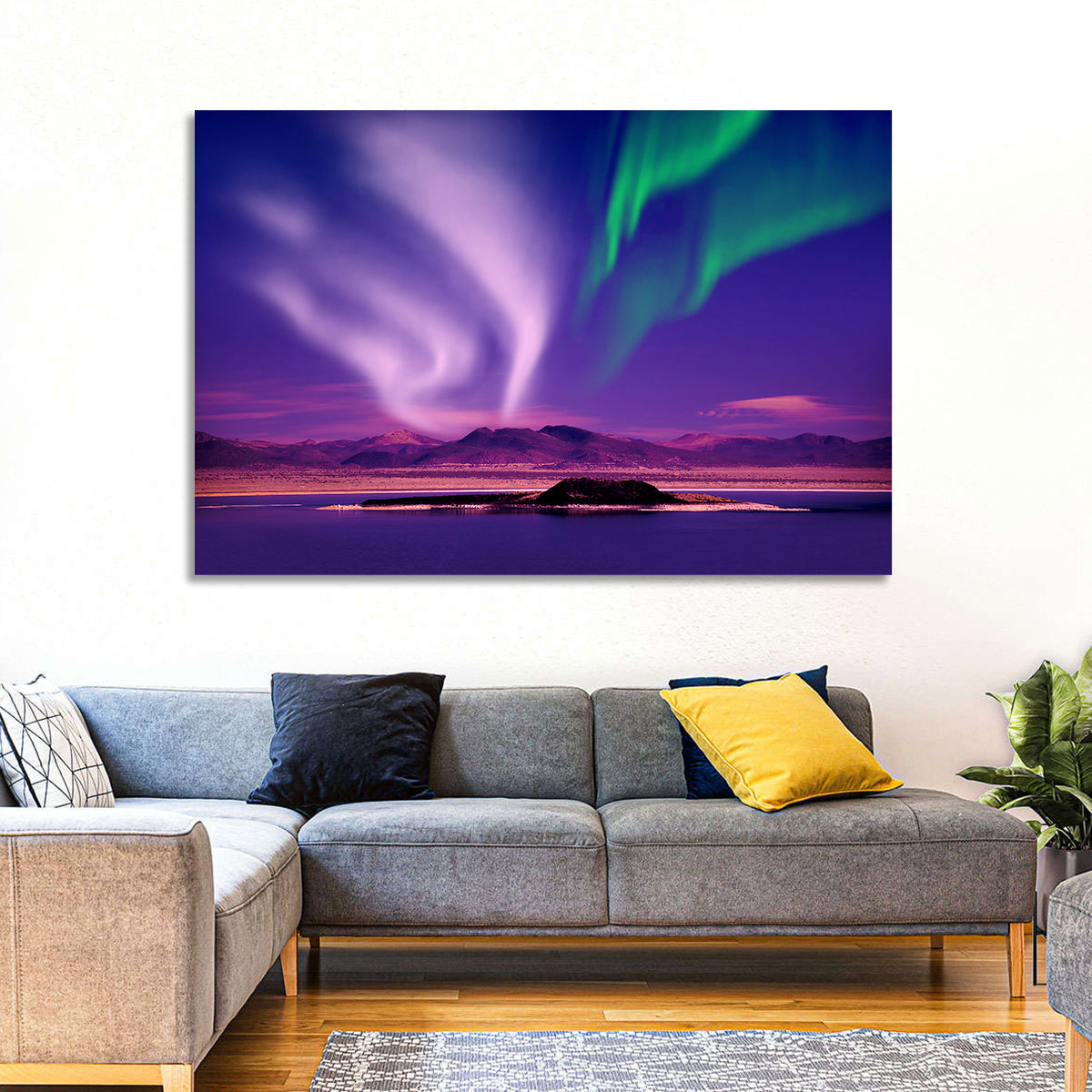 Violet Aurora Over Island Lake Wall Art