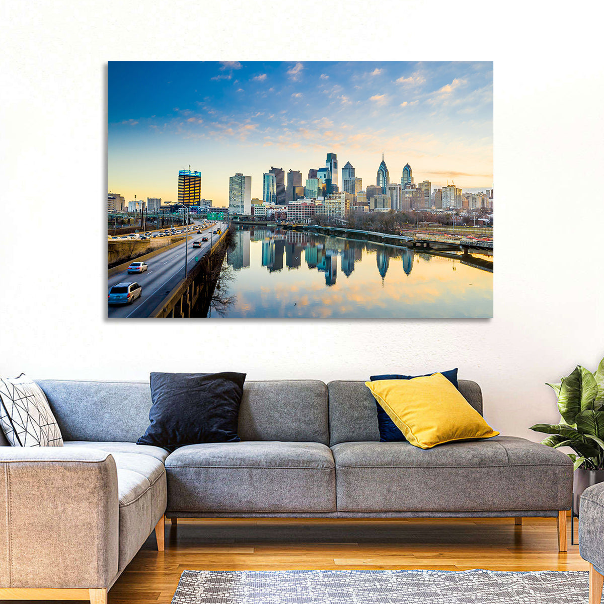 Philadelphia Skyline at Dusk Wall Art in a room, landscape