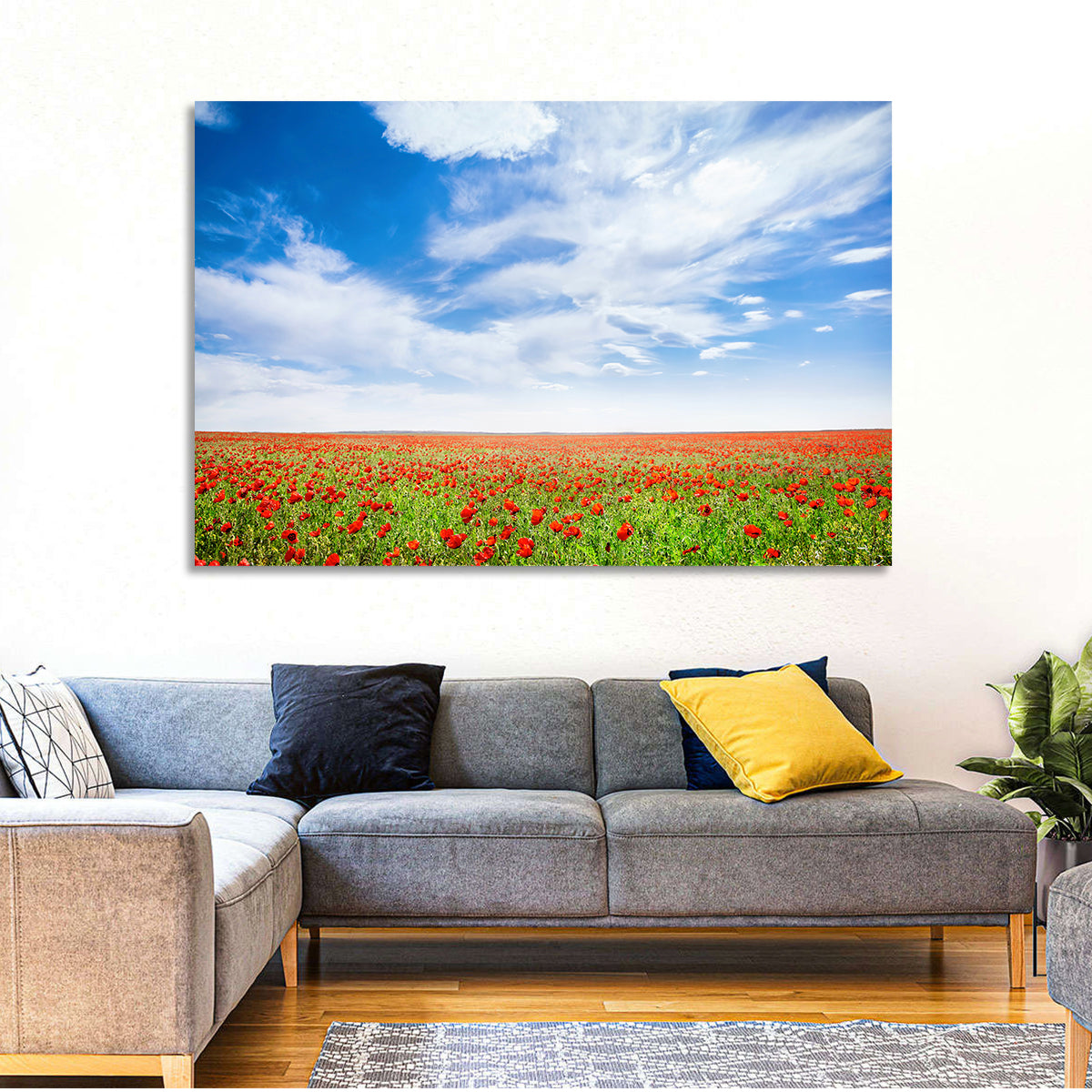 Red Poppy Field Wall Art in a room, landscape
