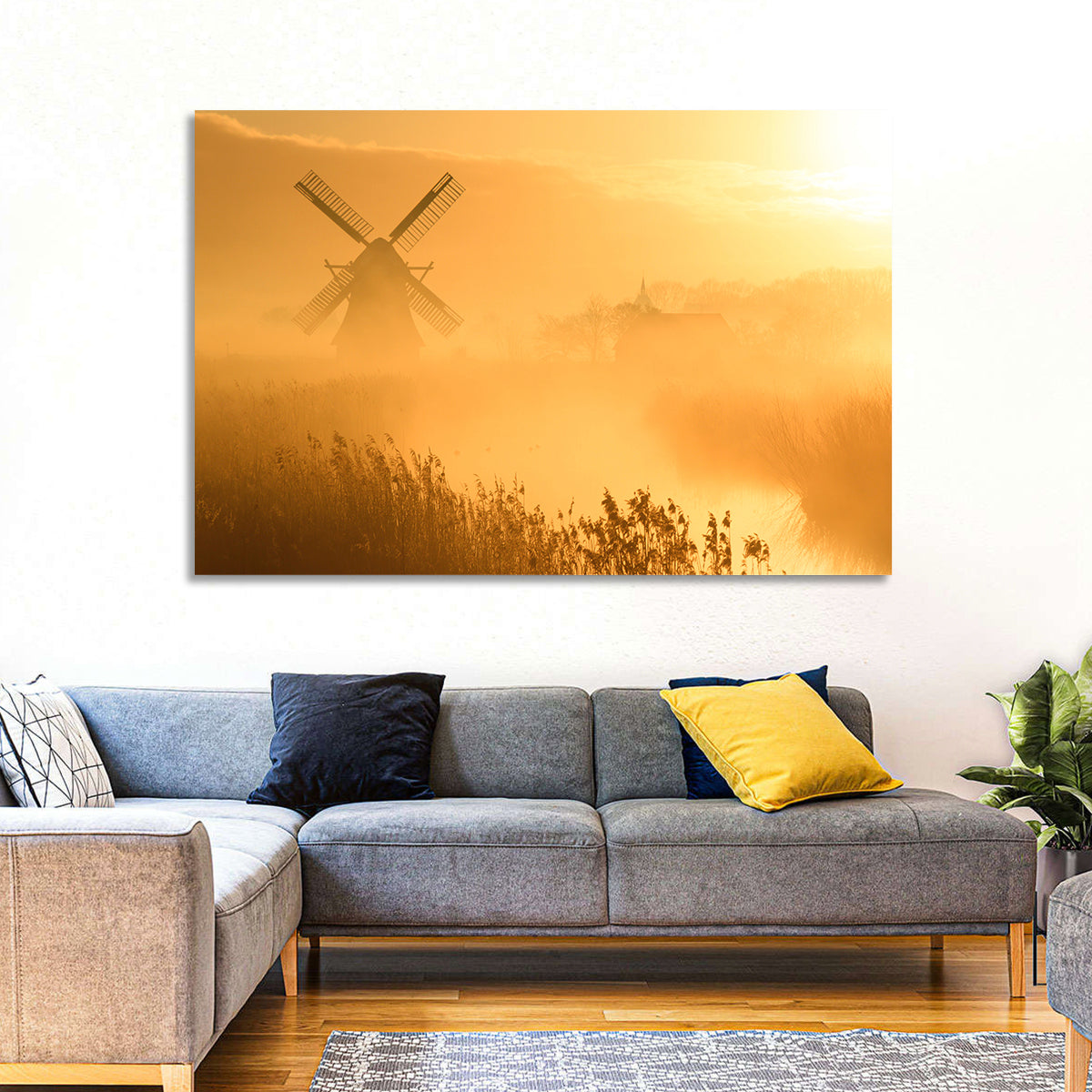 Golden Dutch Windmill Sunrise Wall Art