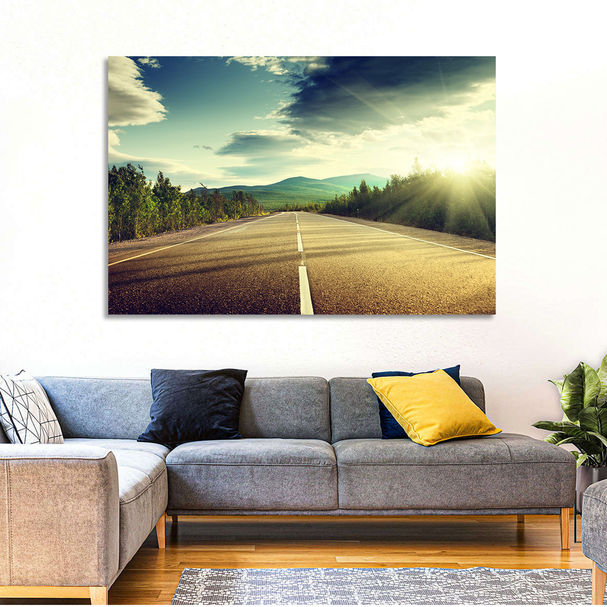 Sunlit Asphalt Road Wall Art in a room, landscape