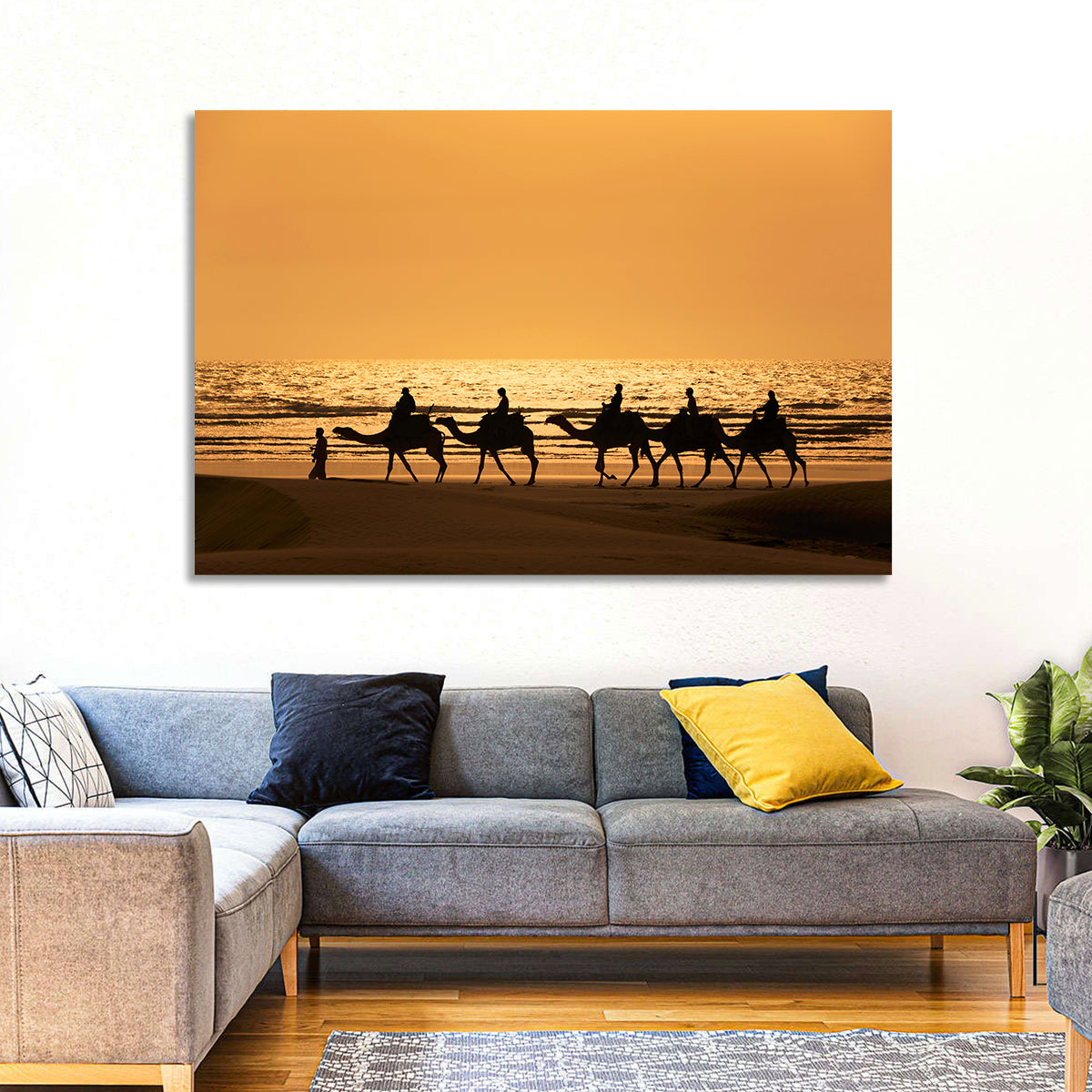Camel Caravan Silhouette on Wet Sand Wall Art in a room, landscape