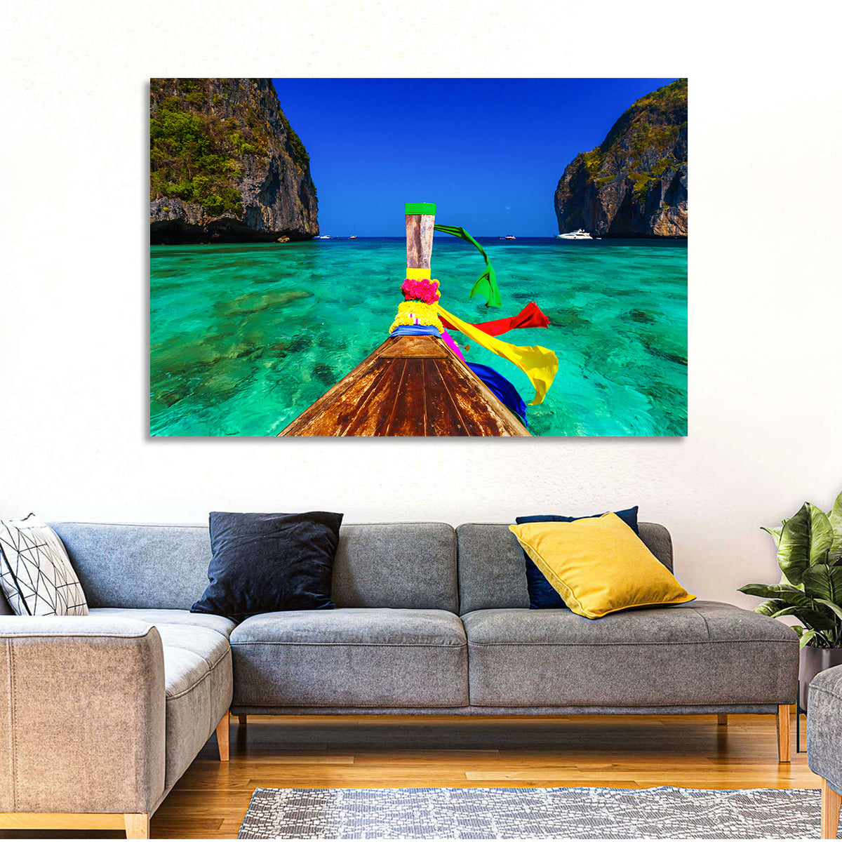 Maya Bay Long-tail Boat Wall Art in a room, landscape