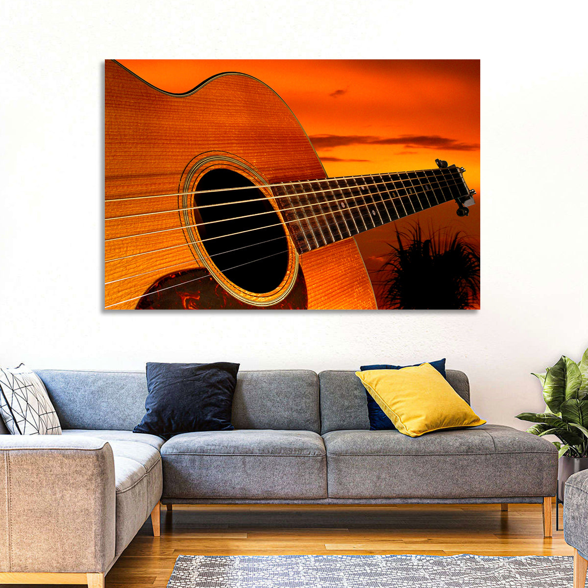 Sunset Acoustic Guitar Silhouette Wall Art in a room, landscape