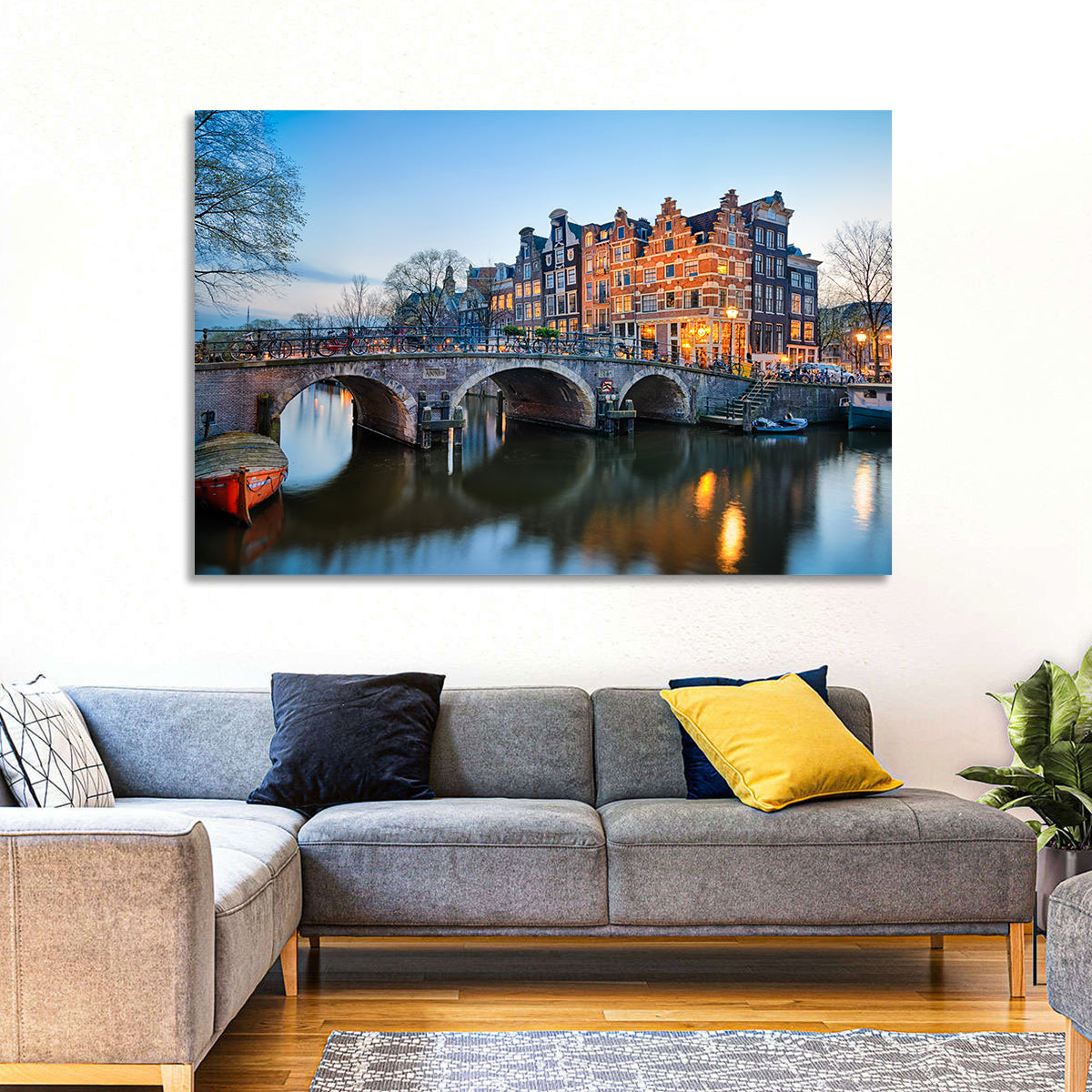 Brouwersgracht Canal Bridge at Dusk Wall Art in a room, landscape