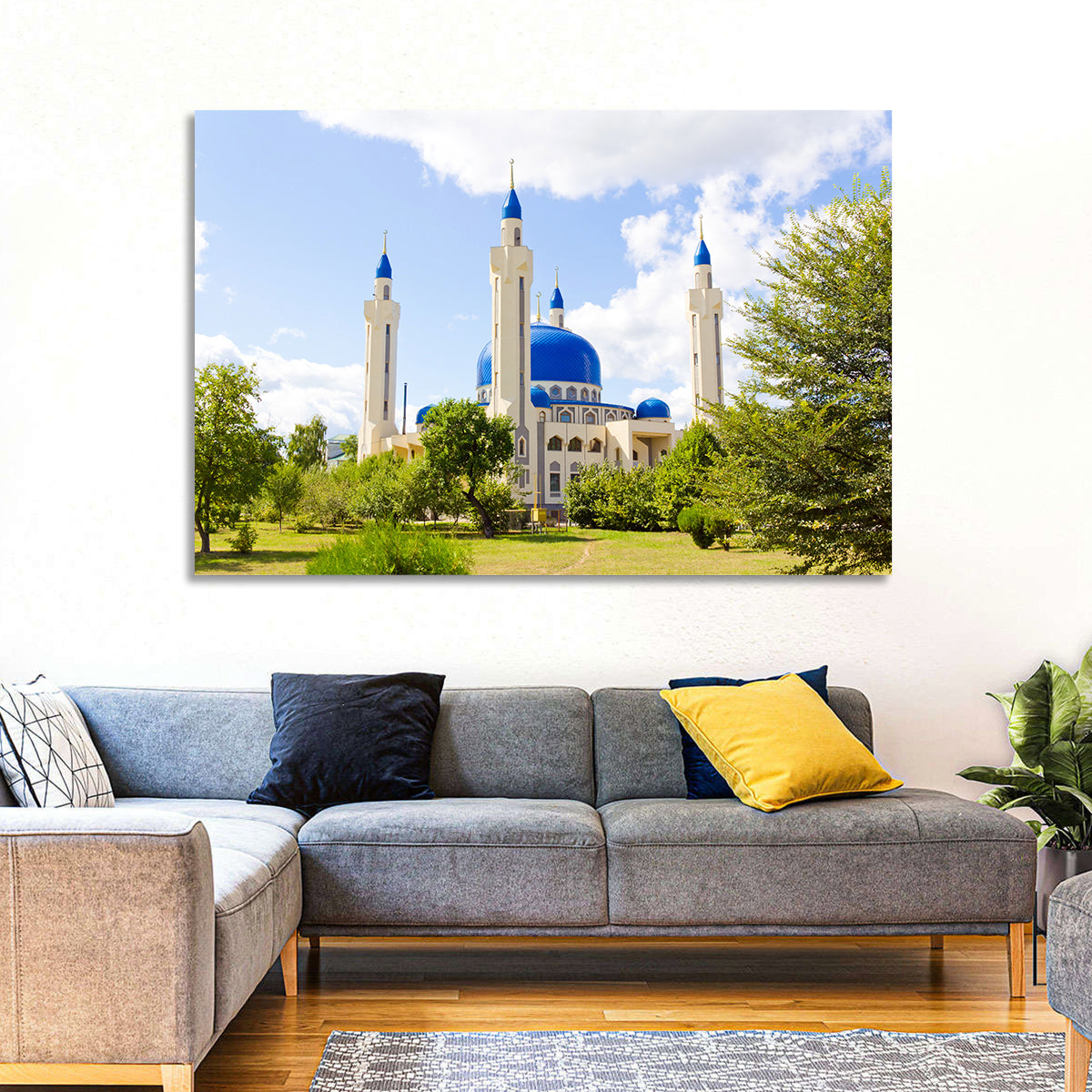 Blue Domed Mosque with Golden Minarets Wall Art in a room, landscape