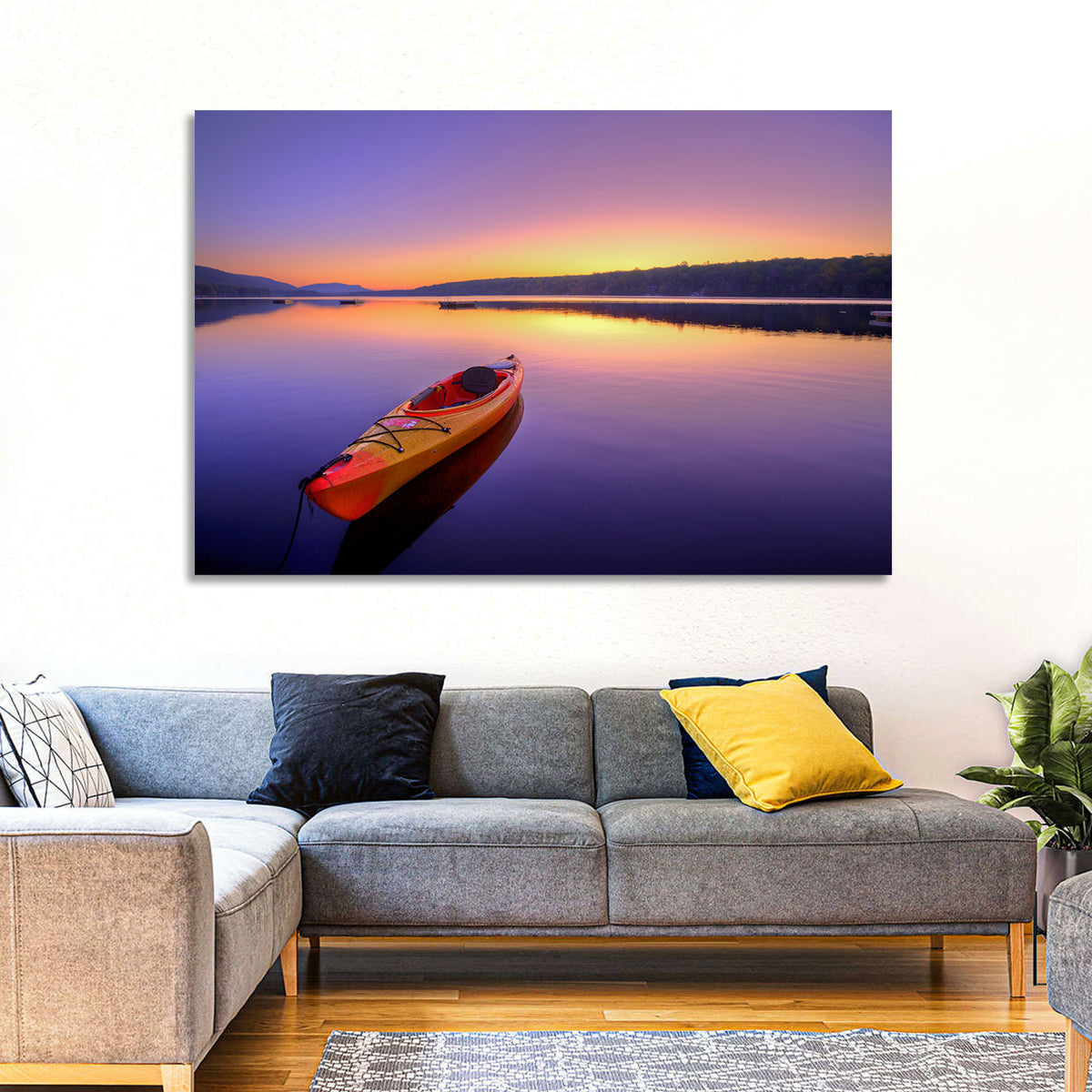 Bright Orange Kayak at Sunset Wall Art in a room, landscape
