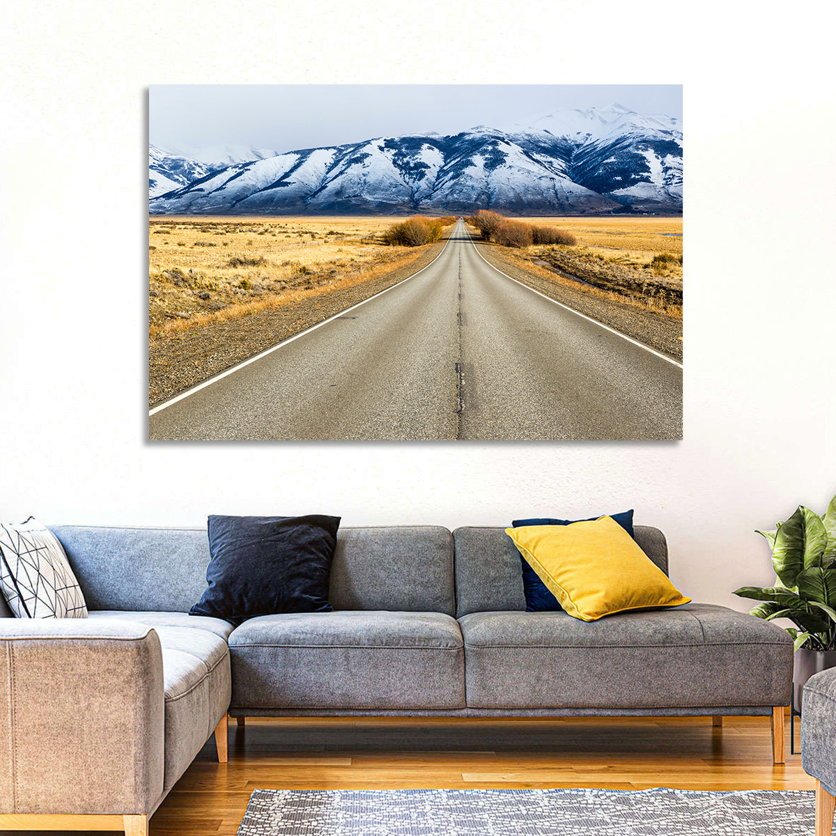 El Calafate Road with Snow Peaks Wall Art in a room, landscape