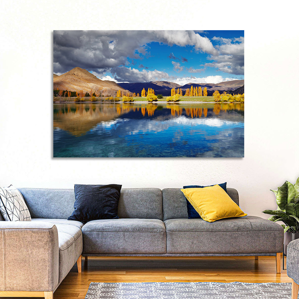 Lake Tekapo Autumn Reflection Wall Art in a room, landscape