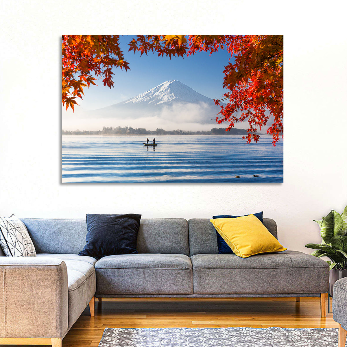 Mount Fuji Over Lake Kawaguchiko Wall Art in a room, landscape