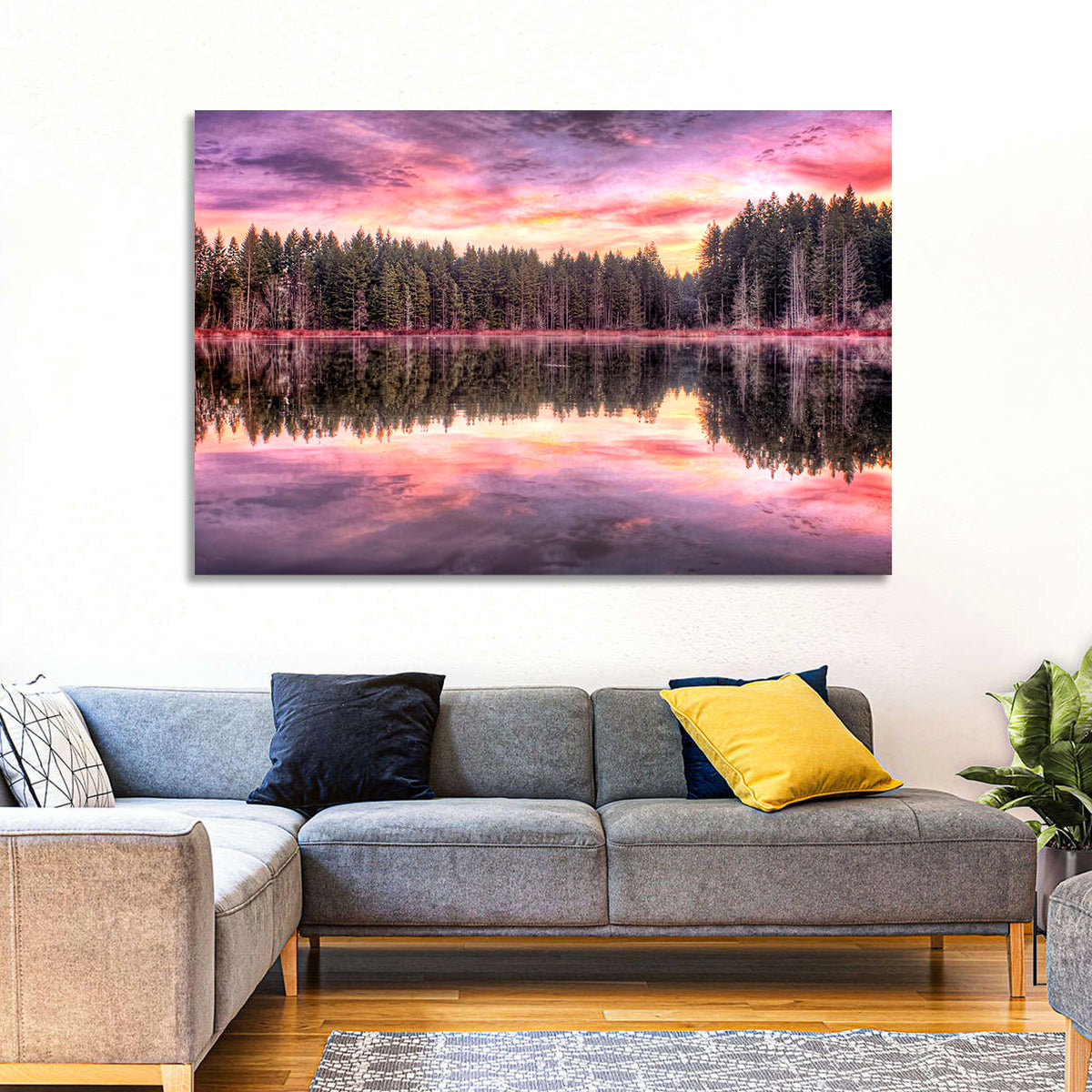 Sunrise Reflection at Forest Lake Wall Art in a room, landscape