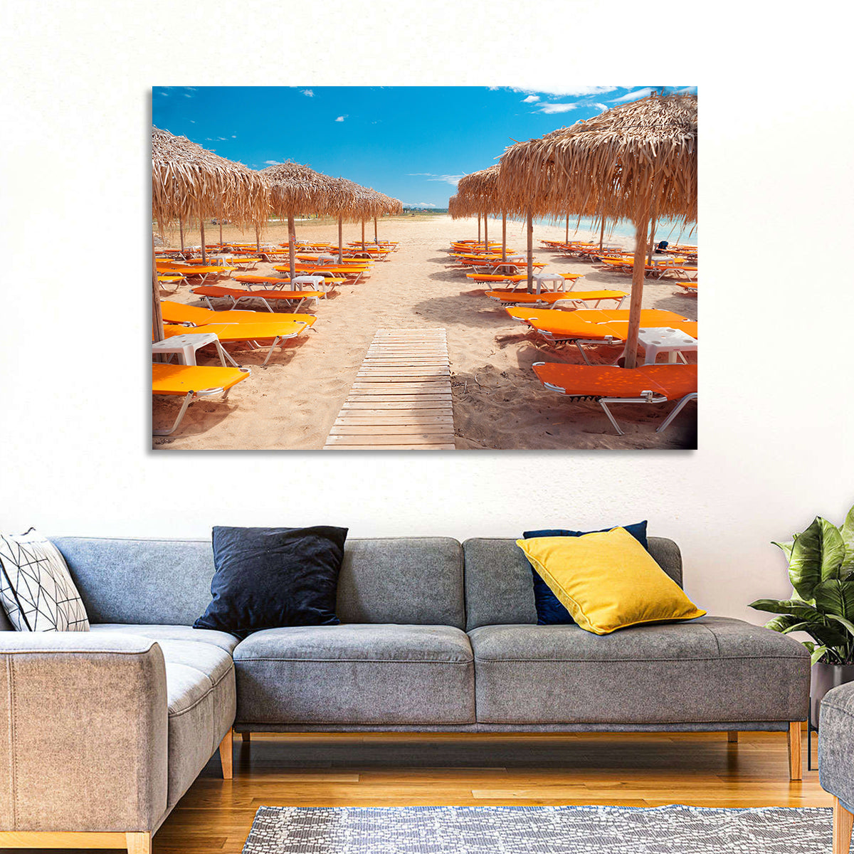 Beach Boardwalk with Orange Loungers Wall Art in a room, landscape