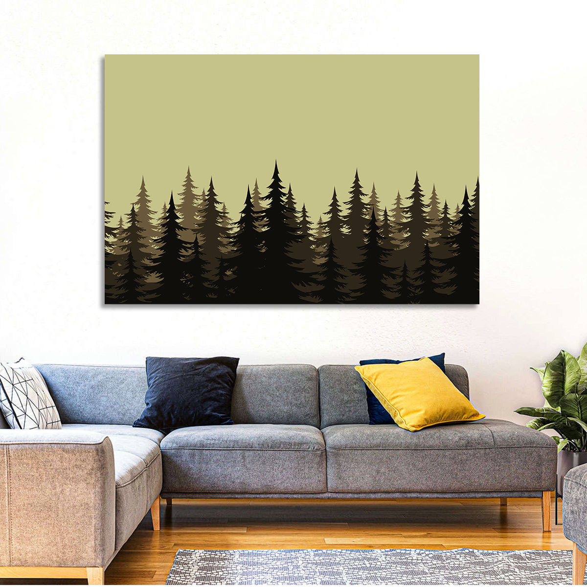 Fir Tree Silhouettes Wall Art in a room, landscape