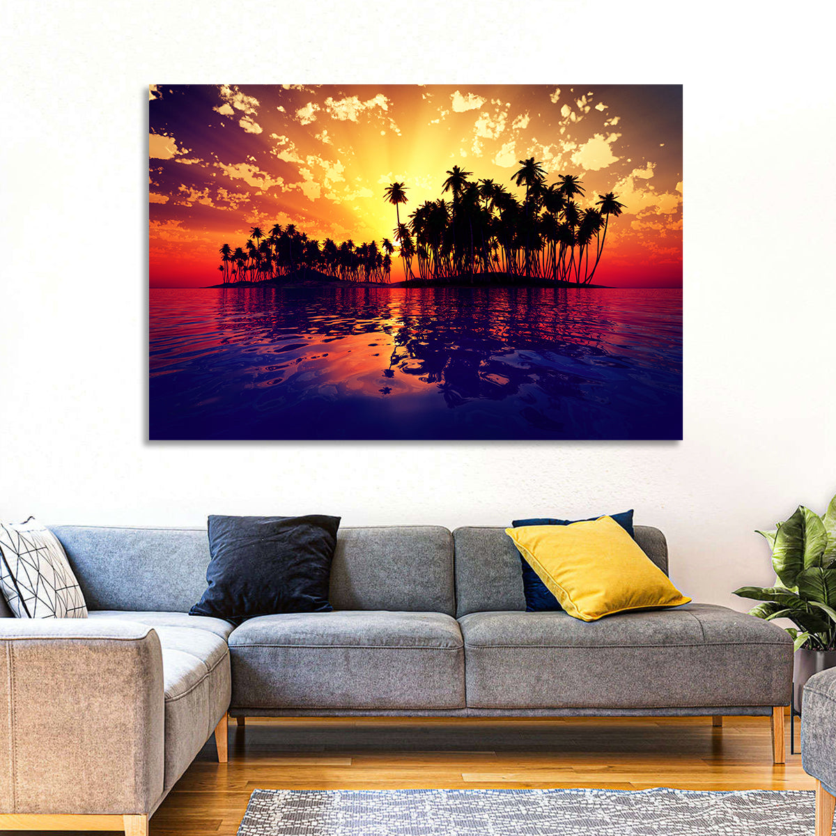 Coconut Island Sunset Wall Art in a room, landscape