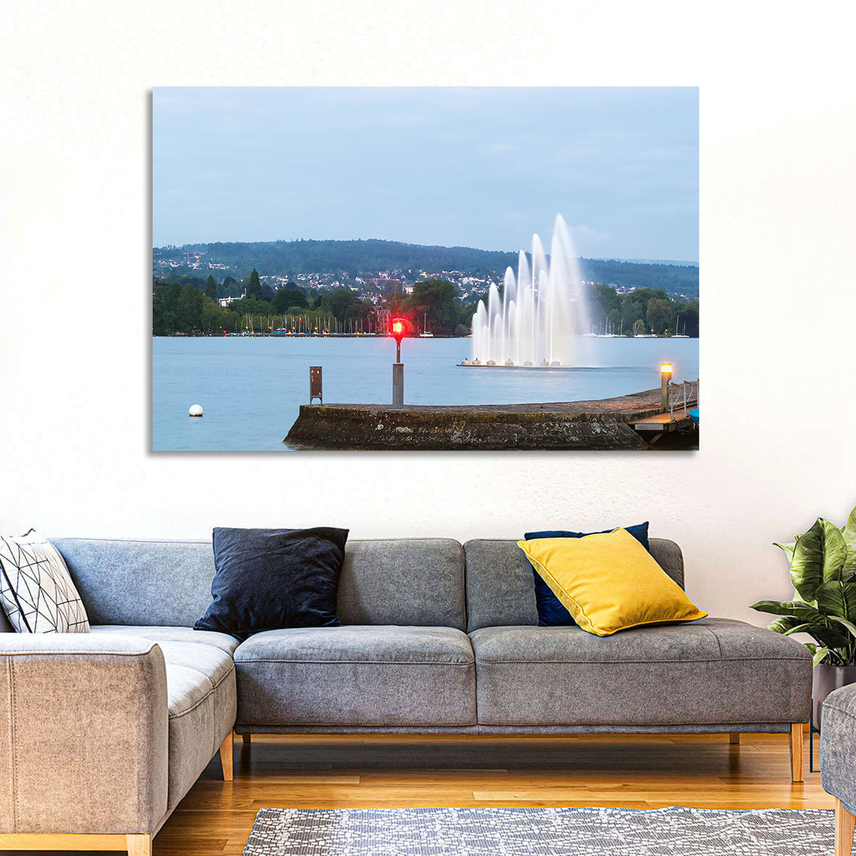 Lake Zurich Fountain at Dusk Wall Art