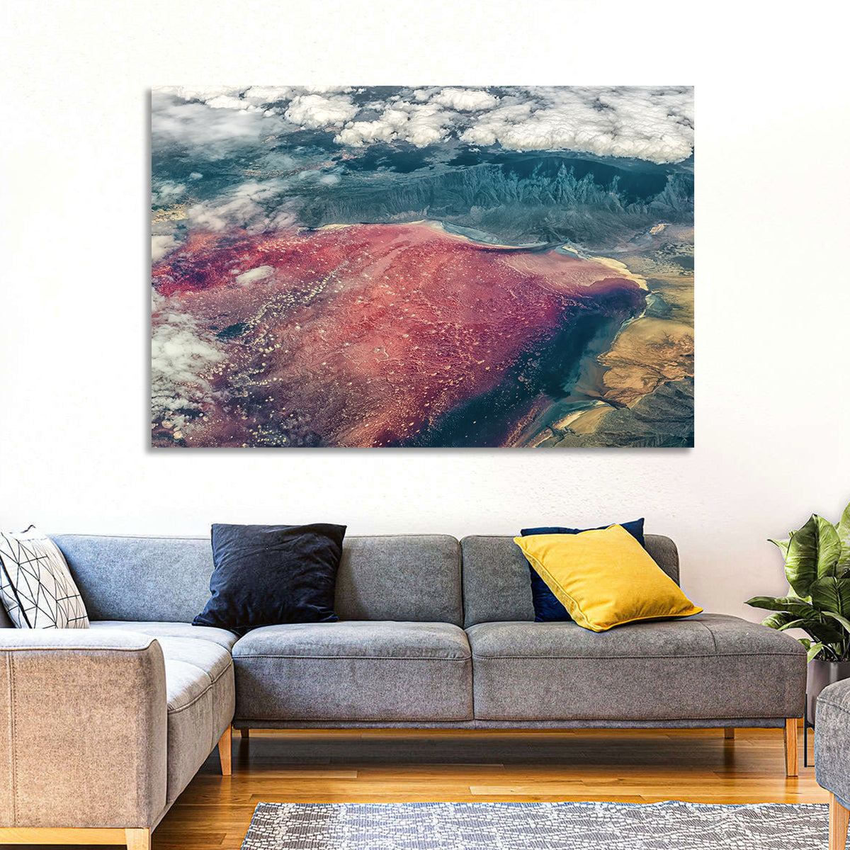 Lake Natron Aerial View Wall Art in a room, landscape