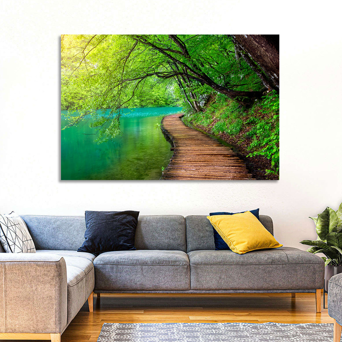 Plitvice Lakes Boardwalk Wall Art in a room, landscape