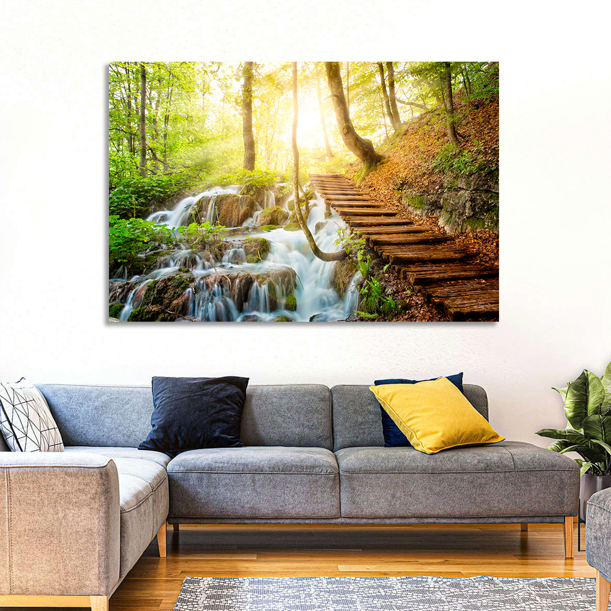 Plitvice Lakes Walkway Wall Art in a room, landscape