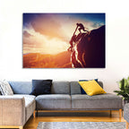 Two Hikers Summit Assist at Sunset Wall Art