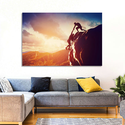Two Hikers Summit Assist at Sunset Wall Art