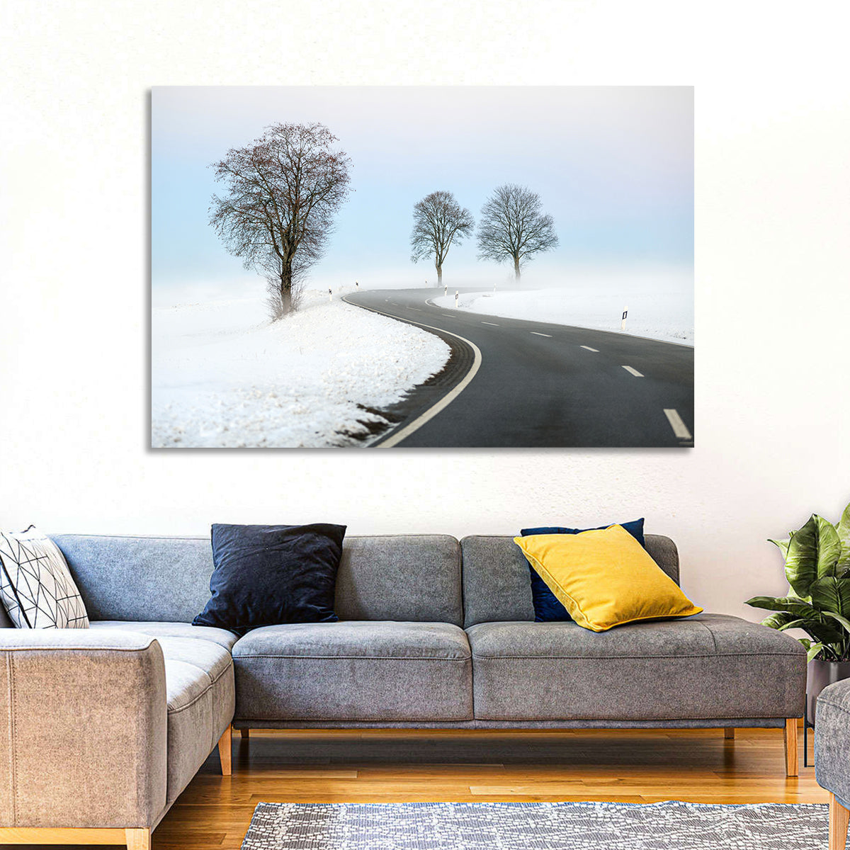 Foggy Winter Road Wall Art in a room, landscape