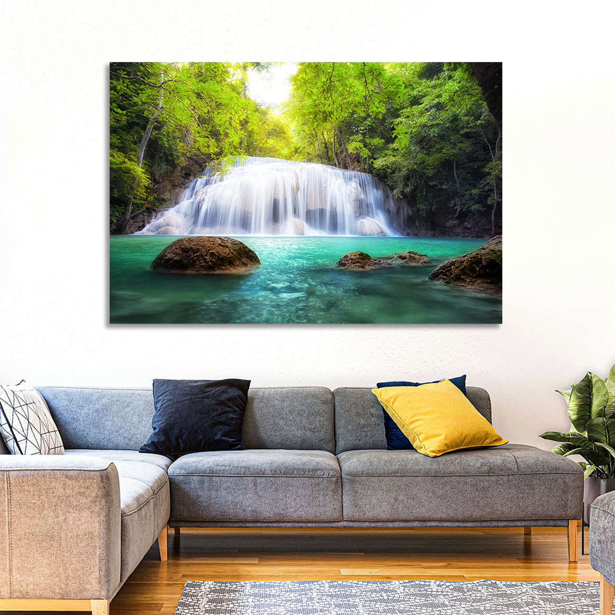 Erawan Falls Turquoise Waterfall Wall Art in a room, landscape