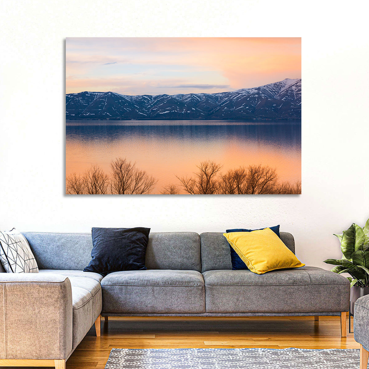 Lake Sevan Golden Dusk Wall Art in a room, landscape