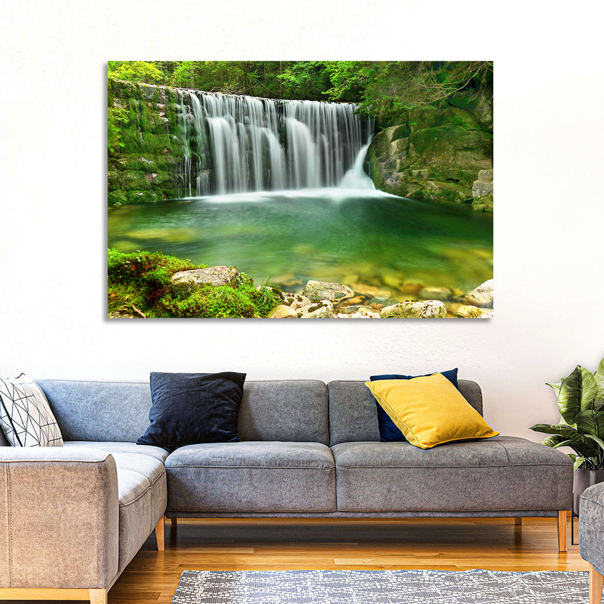 Emerald Lake Cascade Wall Art in a room, landscape