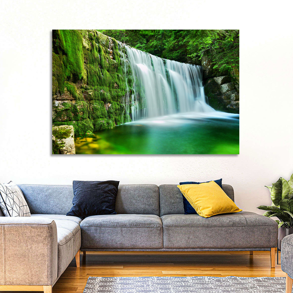 Emerald Lake Cascade Wall Art in a room, landscape