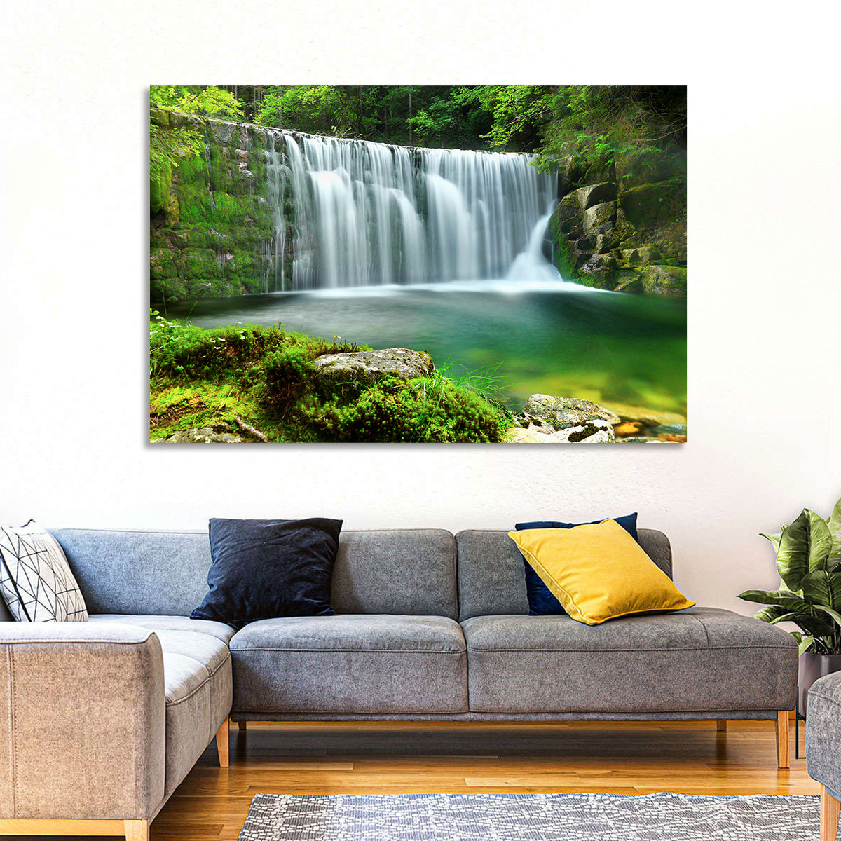 Emerald Forest Waterfall with Mossy Stones Wall Art